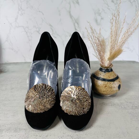 Sigerson Morrison Flair Silk Black Suede Sahara Heels Women's US6.5 EU40 Metal - Picture 2 of 10